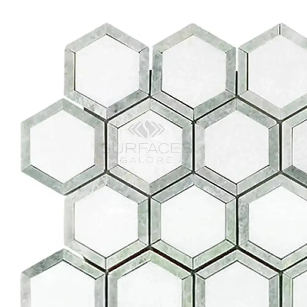 Hexagonal Thassos Supreme marble mosaic tile with Ming-Green accents for luxurious flooring
