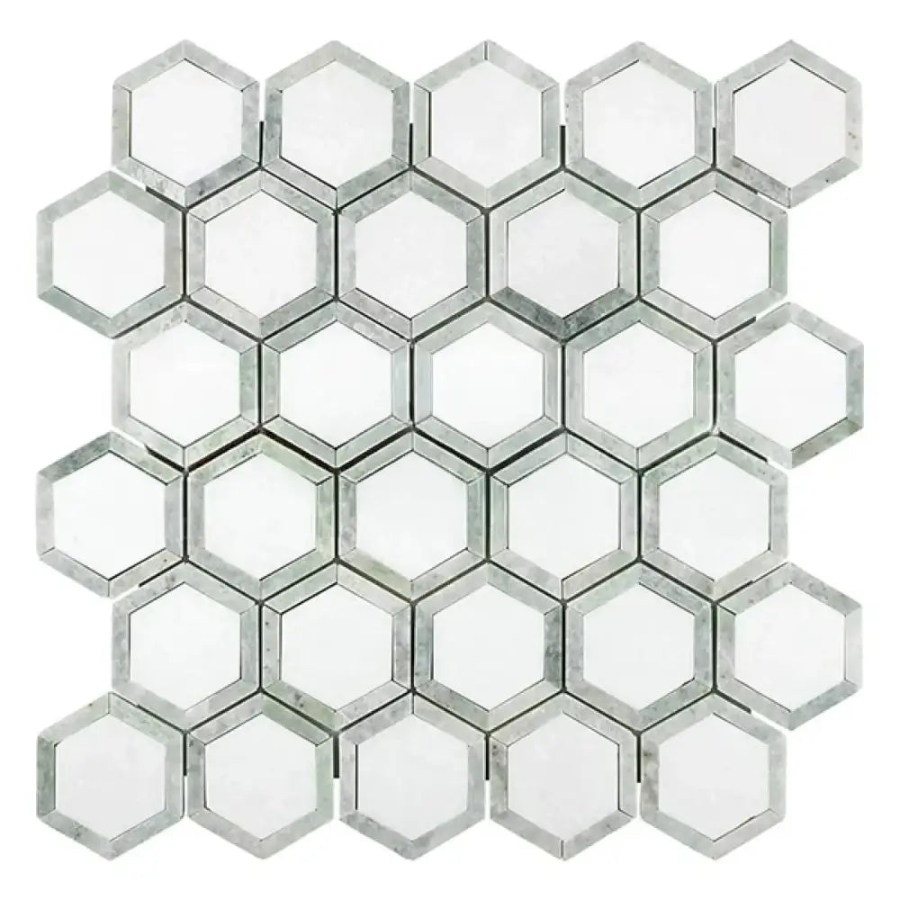 Hexagonal mosaic tile sheet featuring Thassos Supreme Vortex Hexagon with Ming-Green finish