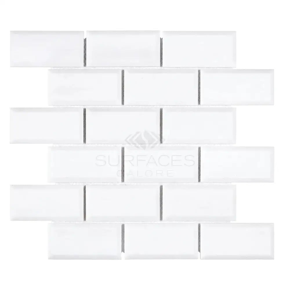 White glass Subway tile from Thassos Supreme 2X4 Deep-Beveled Brick Mosaic Marble