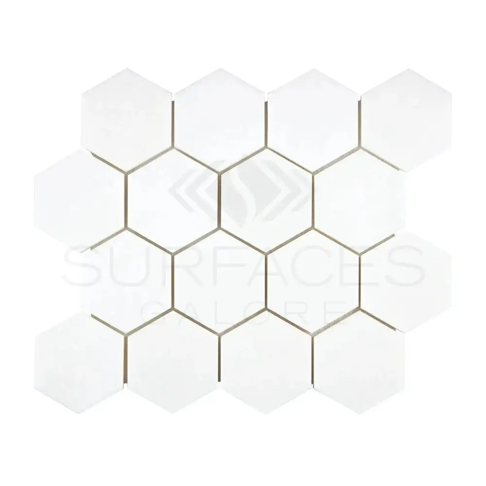 White hexagon tile mosaic from Thassos Supreme 3 inch marble in polished or honed finish