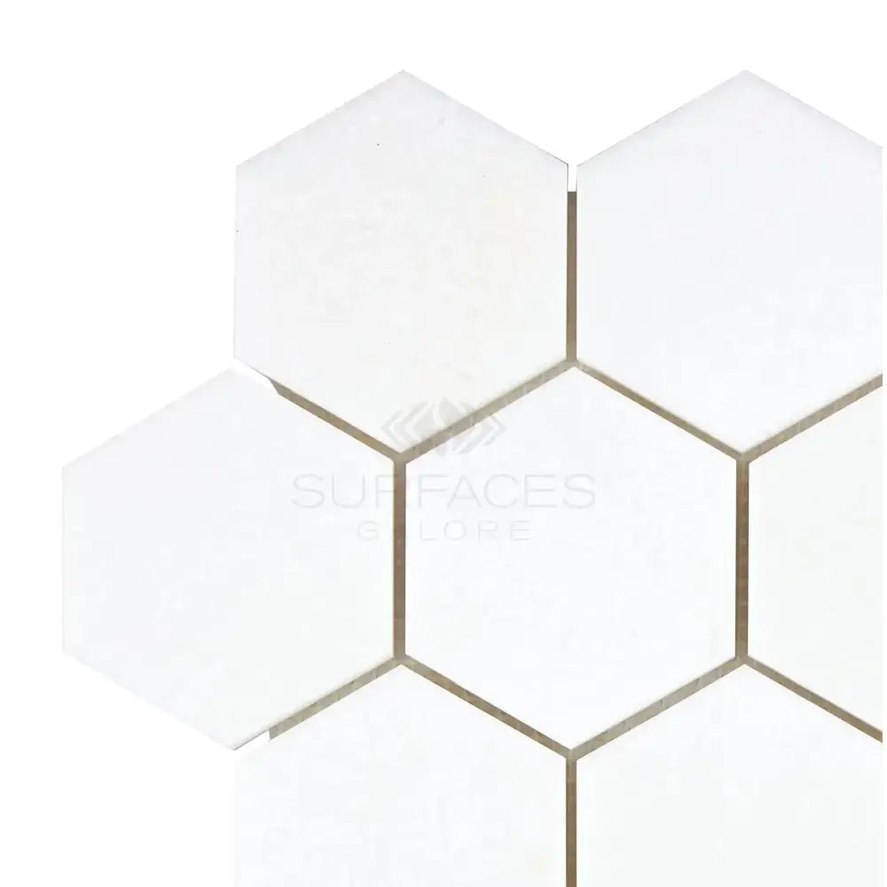 White hexagon tile mosaic from Thassos Supreme 3-inch marble in polished or honed finish
