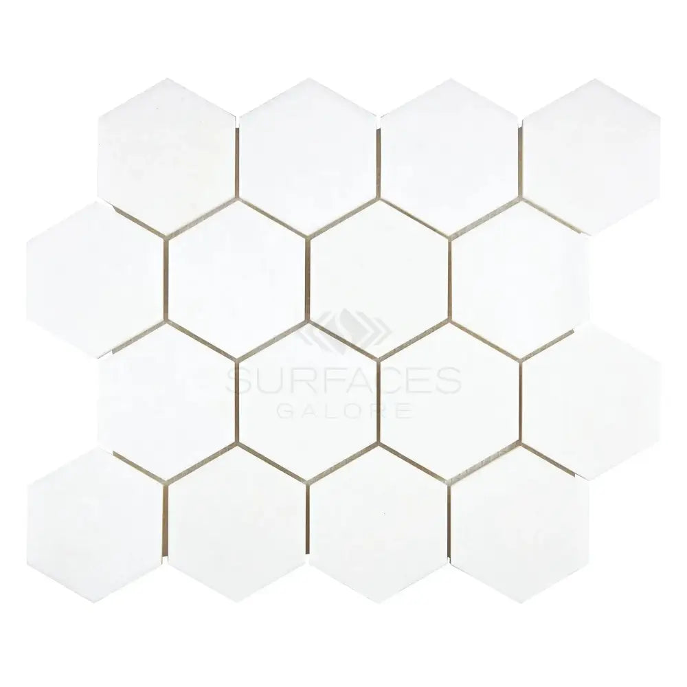 White hexagonal tile mosaic from Thassos Supreme 3 inch marble in polished or honed finish
