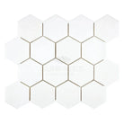 White hexagonal tile mosaic from Thassos Supreme 3 inch marble in polished or honed finish