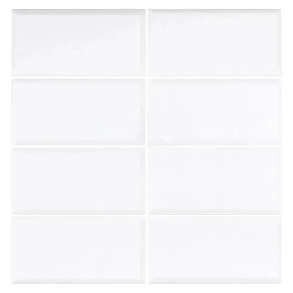 White rectangular ceramic tiles from Thassos Supreme 3X6 Deep-Beveled Marble collection