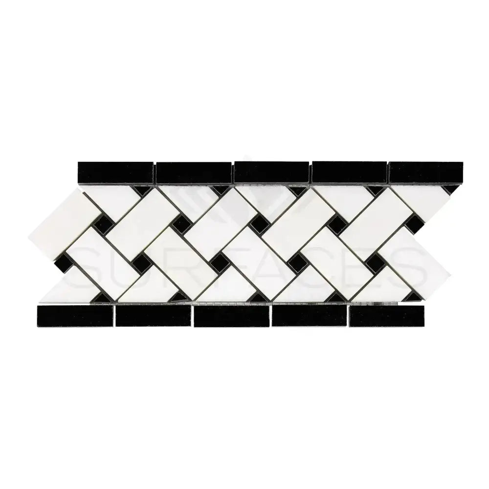 Black and white mosaic tile border from Thassos Supreme Basketweave border collection