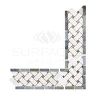 Corner section of Thassos Supreme Basketweave Border with Blue-Gray Marble Herringbone Tile