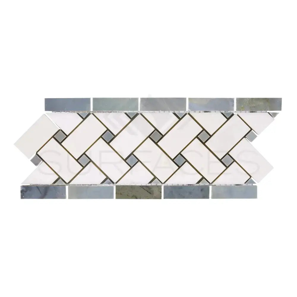 Herringbone mosaic tile border from Thassos Supreme 4 3/4X12 Basketweave Border with Blue-Gray Marble