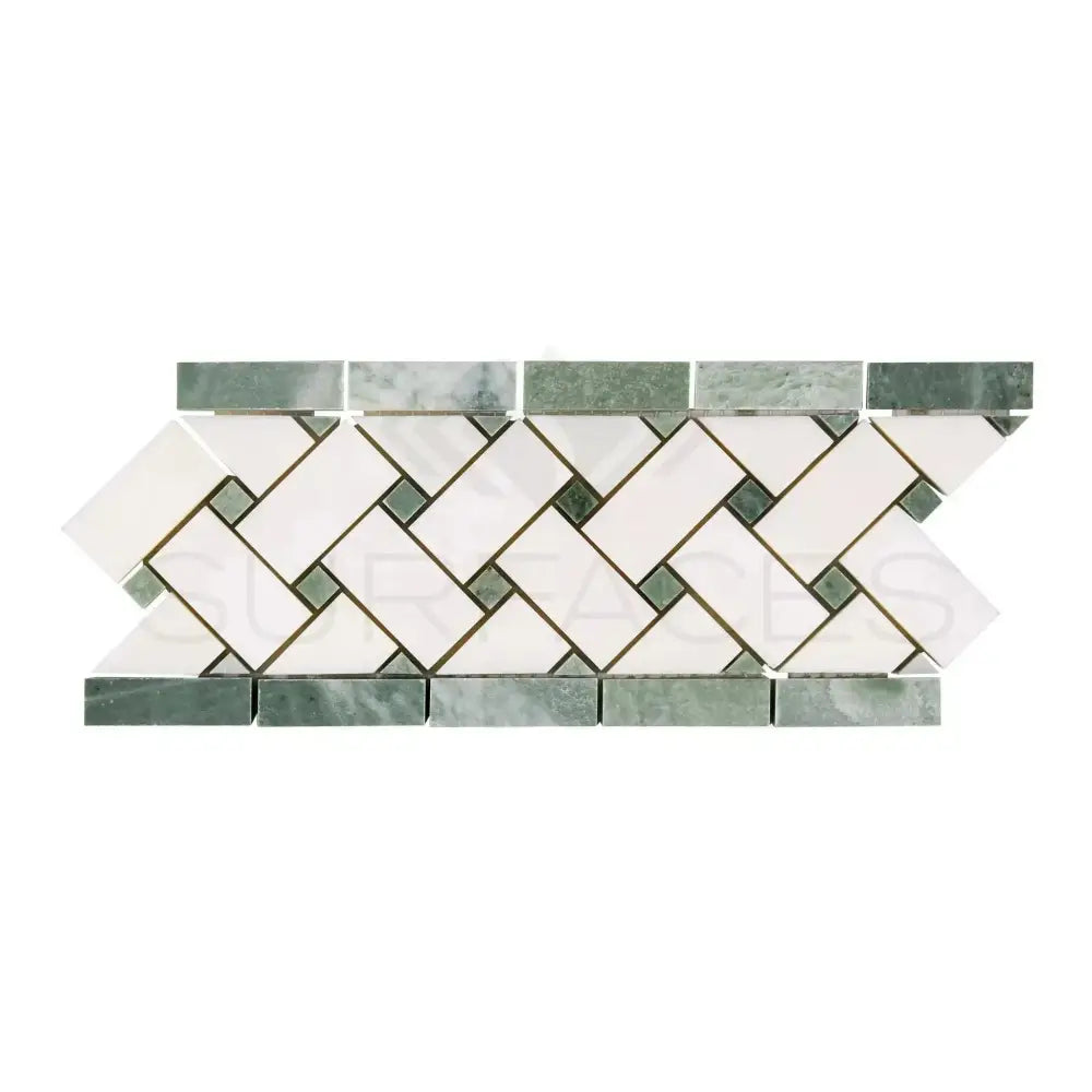 Decorative mosaic tile border from Thassos Supreme 4 3/4X12 Basketweave with Ming-Green marble