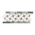 Decorative mosaic tile border from Thassos Supreme 4 3/4X12 Basketweave with Ming-Green marble