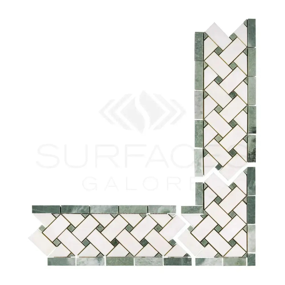 Herringbone mosaic tile corner in Thassos Supreme 4 3/4X12 Basketweave Border marble