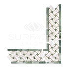 Herringbone mosaic tile corner in Thassos Supreme 4 3/4X12 Basketweave Border marble