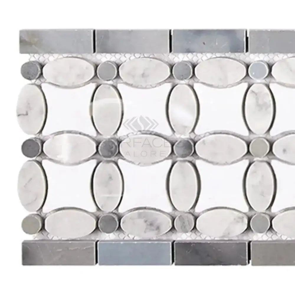 Thassos Supreme 5 3/4X11 1/4 Florida Flower Border (Thassos Supreme +White Carrara(Oval)+Blue-Gray (Dots) Marble-American Stone