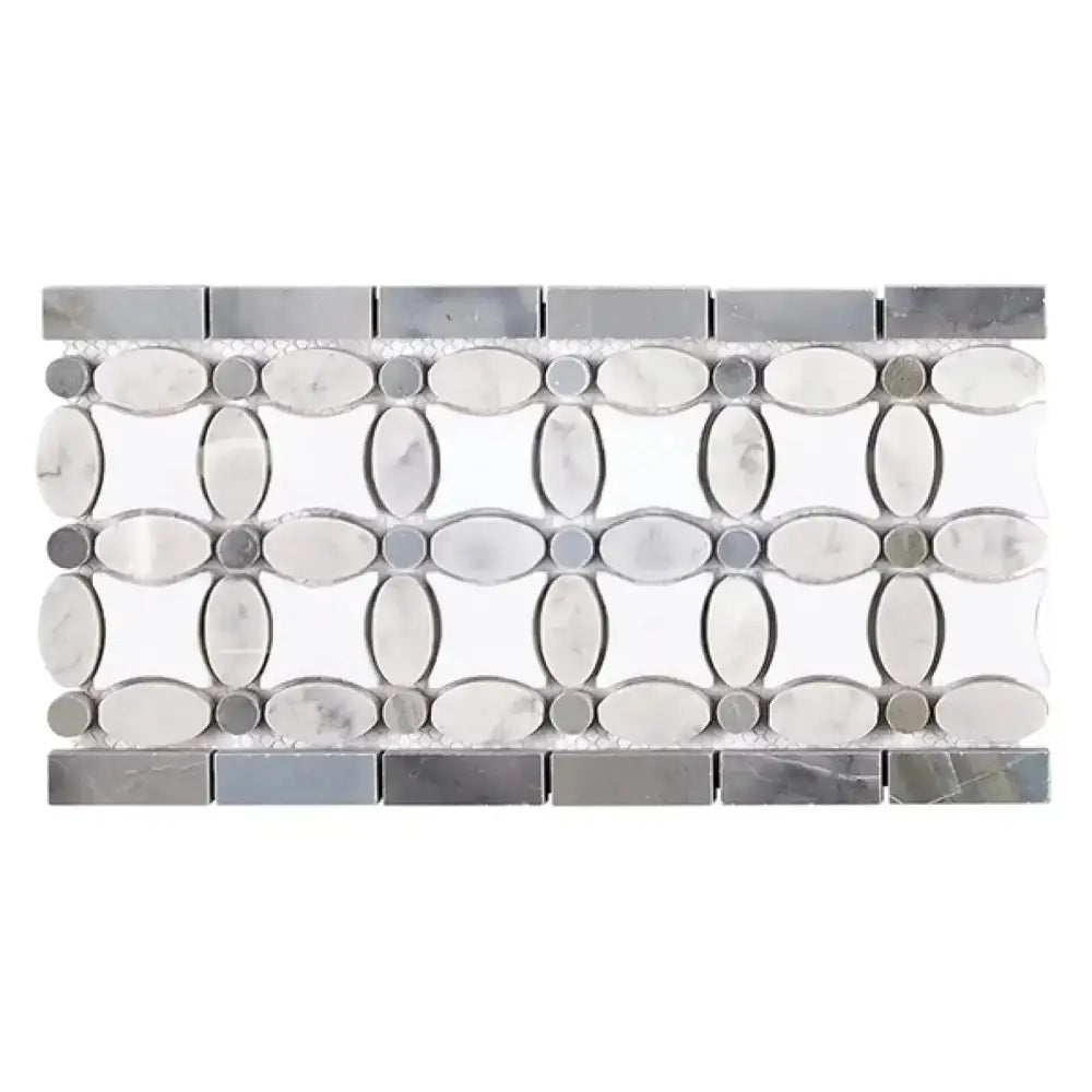 Decorative marble tile border featuring Thassos Supreme, White Carrara Oval, and Blue-Gray marble