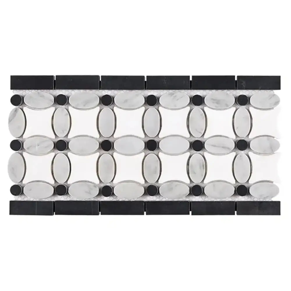 Decorative marble mosaic tile featuring Thassos Supreme White Carrara and Black Dots