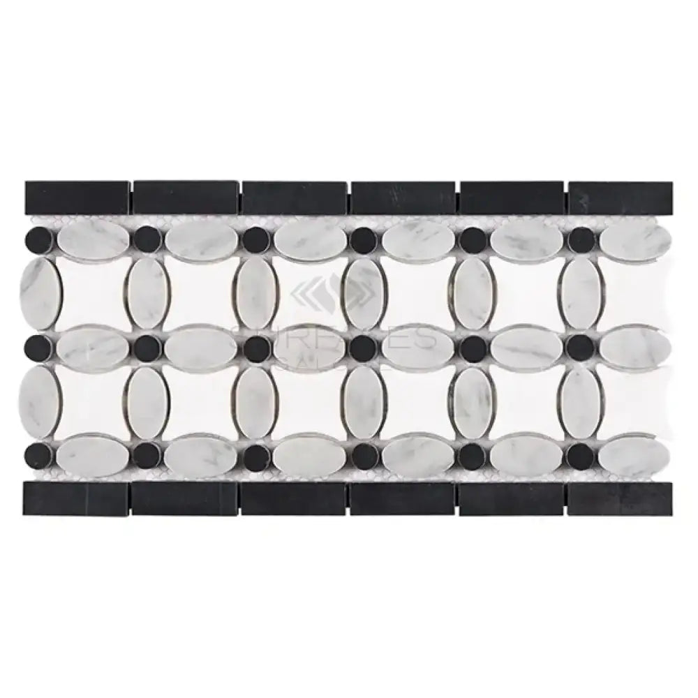Decorative mosaic tile border featuring Thassos Supreme, White Carrara and Black marble
