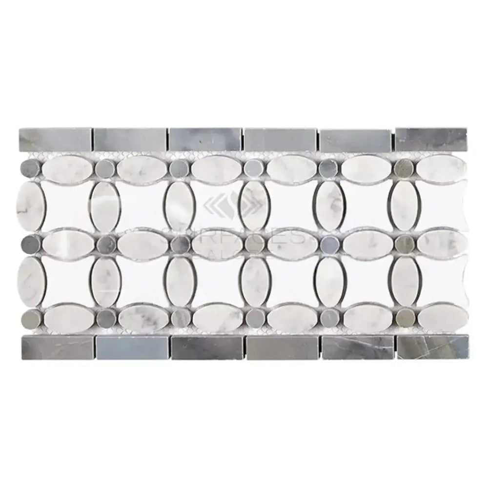 Decorative Thassos Supreme marble mosaic tile with Florida Flower border and blue-gray accents