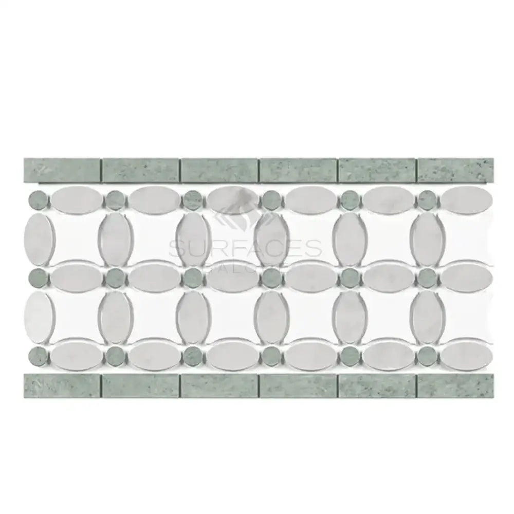 Decorative mosaic tile border featuring Thassos Supreme, White Carrara, and Ming-Green marble