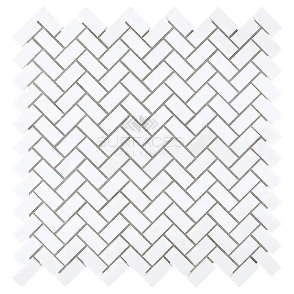 White Herringbone Mosaic Tile in Thassos Supreme 5/8X1 1/4 Herringbone Marble Finish