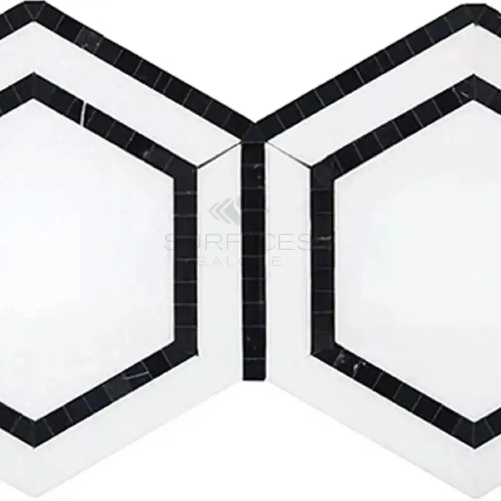 Black and white hexagon mosaic tile from Thassos Supreme 5-inch combination for elegant flooring