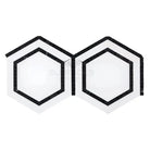 Two white and black hexagon tiles from Thassos Supreme 5-inch Hexagon Combination with Black Mosaic Marble