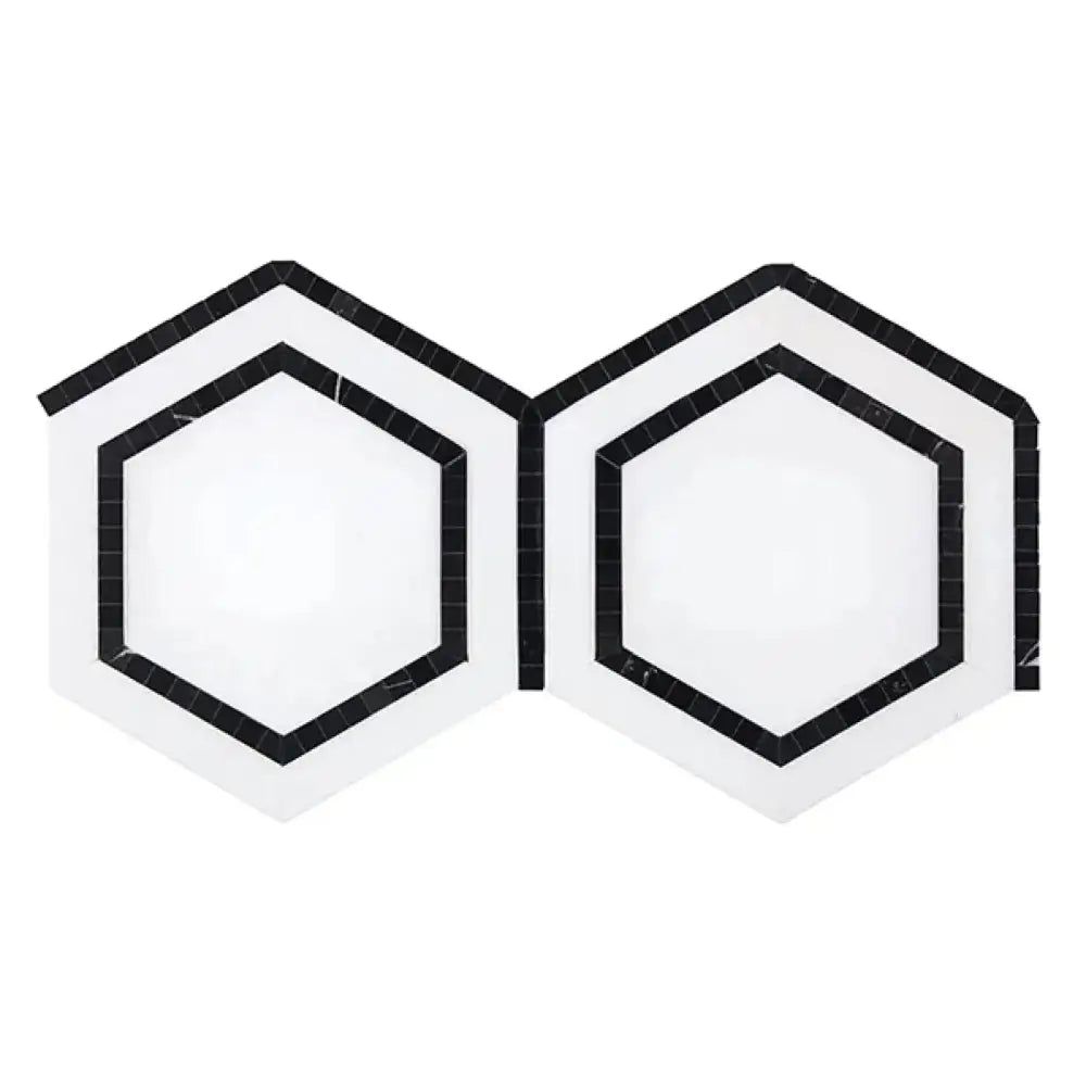 White and black hexagon tiles from Thassos Supreme 5 Inch Hexagon Combination with Black Mosaic Marble
