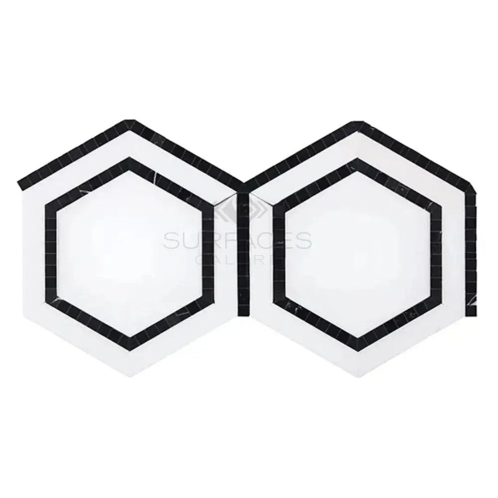 White and black hexagon tiles from Thassos Supreme 5 inch Hexagon Combination with Black Mosaic Marble