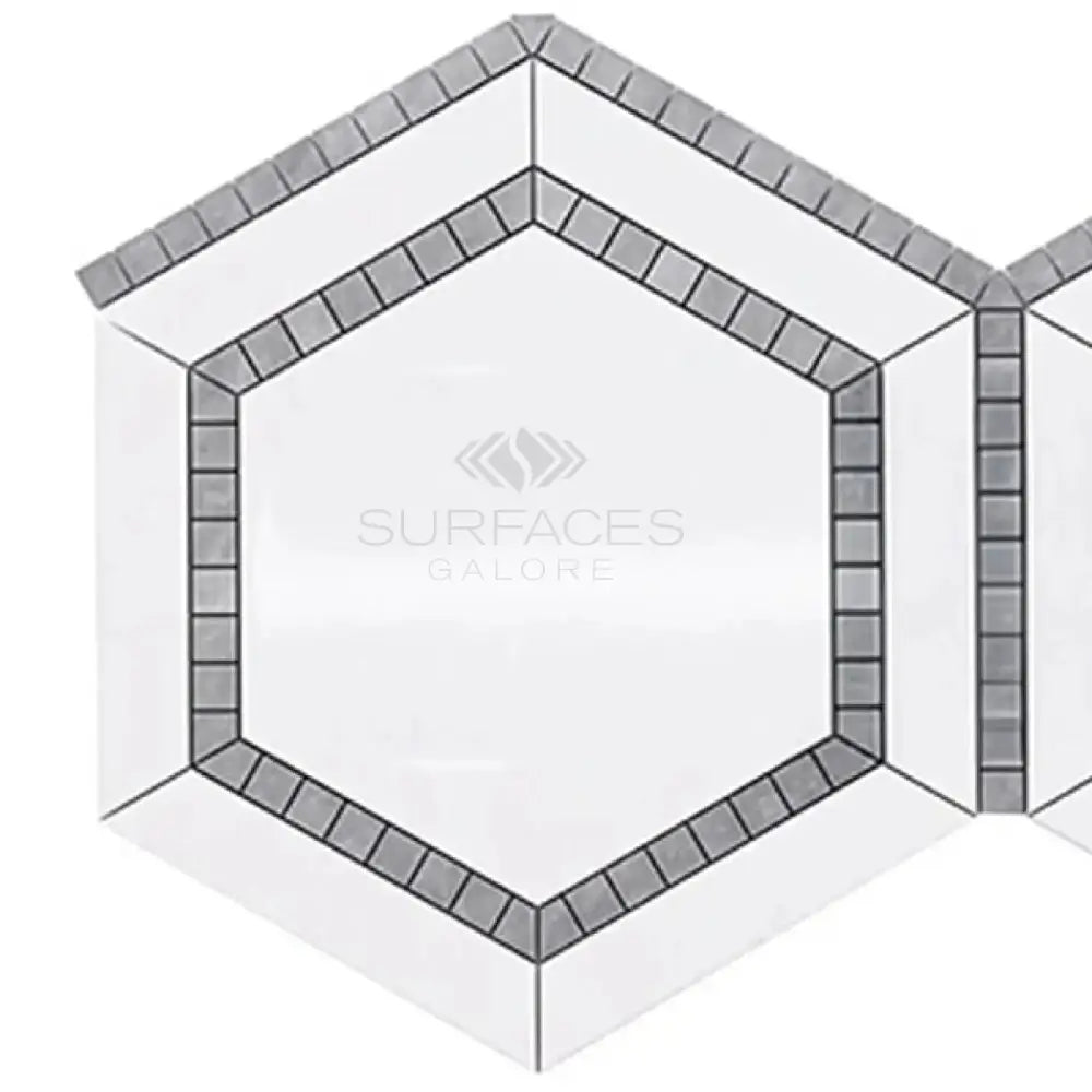 Hexagonal tile with gray border from Thassos Supreme Blue-Gray Mosaic Marble collection
