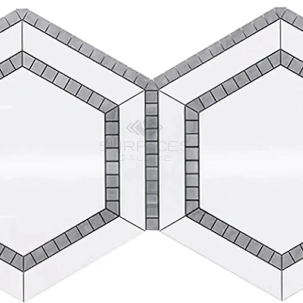 Geometric mosaic tile pattern for Thassos Supreme 5-inch Hexagon Marble flooring