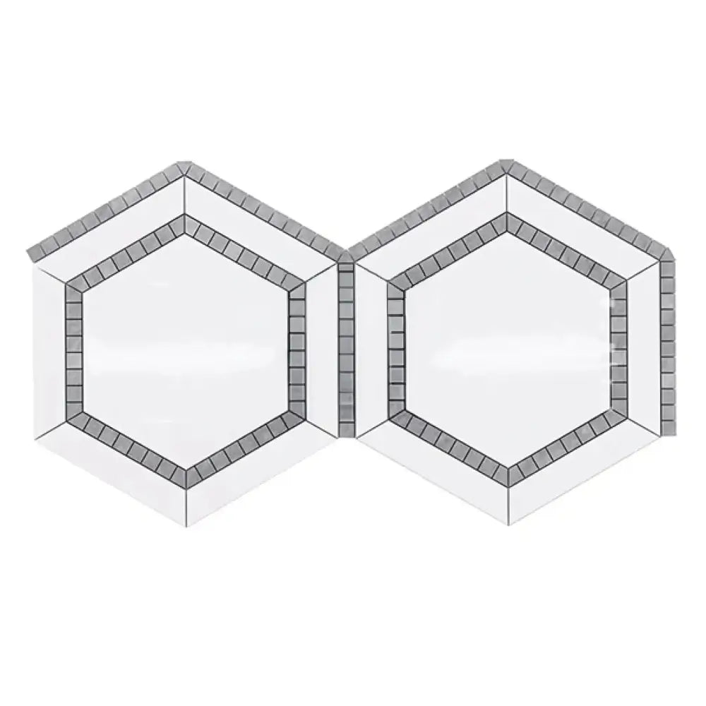 White and gray hexagonal tiles from Thassos Supreme 5 inch Hexagon Combination with Blue Gray Mosaic Marble