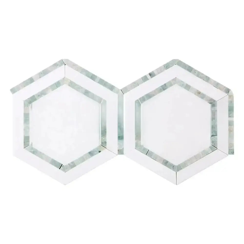 Two conjoined hexagonal tiles from Thassos Supreme 5-inch Hexagon Mosaic Marble collection