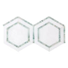 Two conjoined hexagonal tiles from Thassos Supreme 5-inch Hexagon Mosaic Marble collection