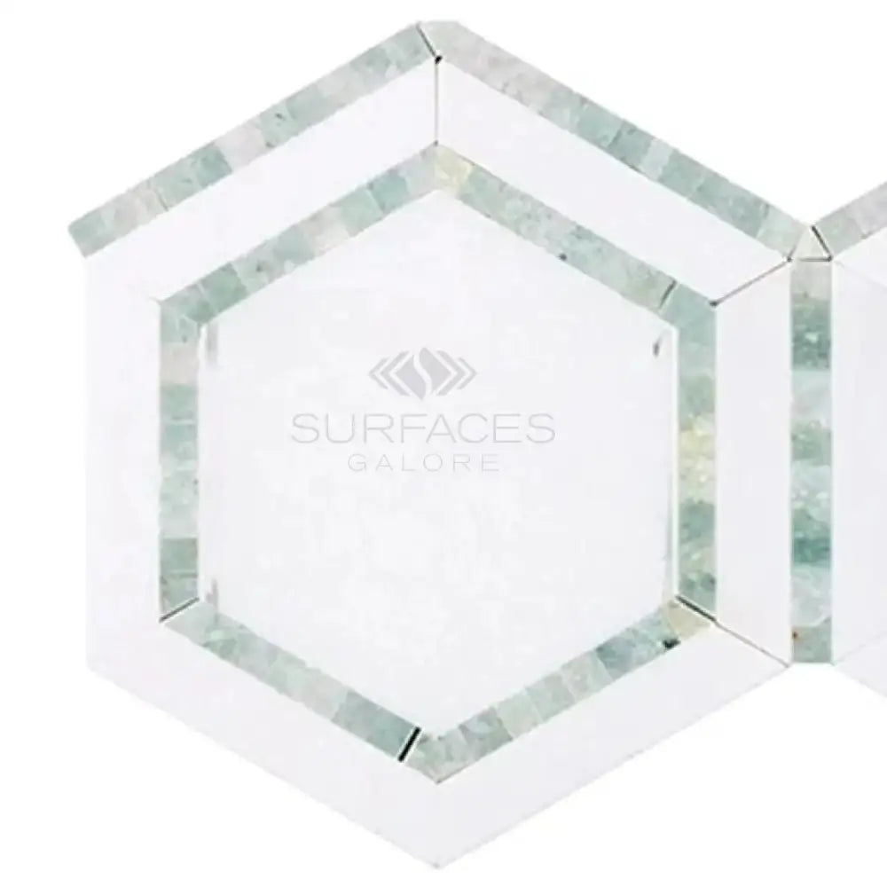Thassos Supreme 5" Hexagon Combination w/Ming-Green Mosaic Marble-American Stone