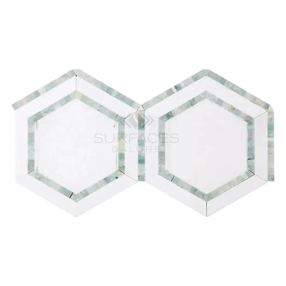 Interlocking Thassos Supreme 5-inch Hexagon Marble Mosaic Tiles with Ming-Green accents