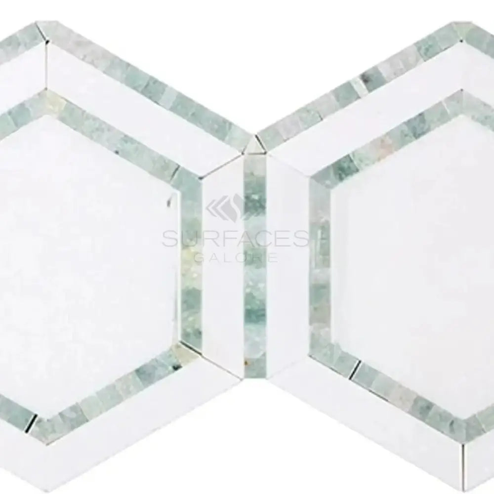 Hexagonal mosaic tile pattern from Thassos Supreme 5-inch Hexagon Collection with Ming-Green Marble