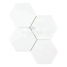 White hexagonal tiles from Thassos Supreme 6-inch Hexagon Mosaic Marble for elegant flooring