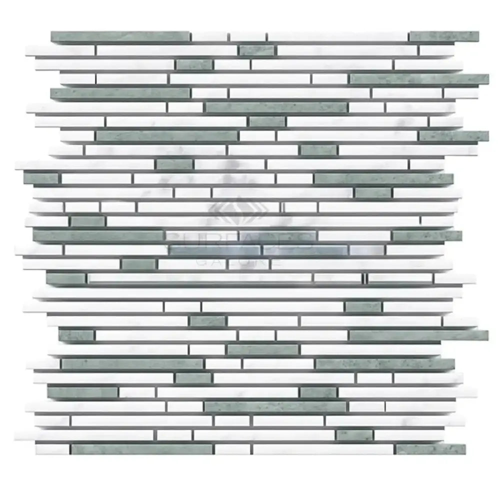 Horizontal mosaic tile pattern featuring Thassos Supreme Bamboo Sticks and Carrara marble