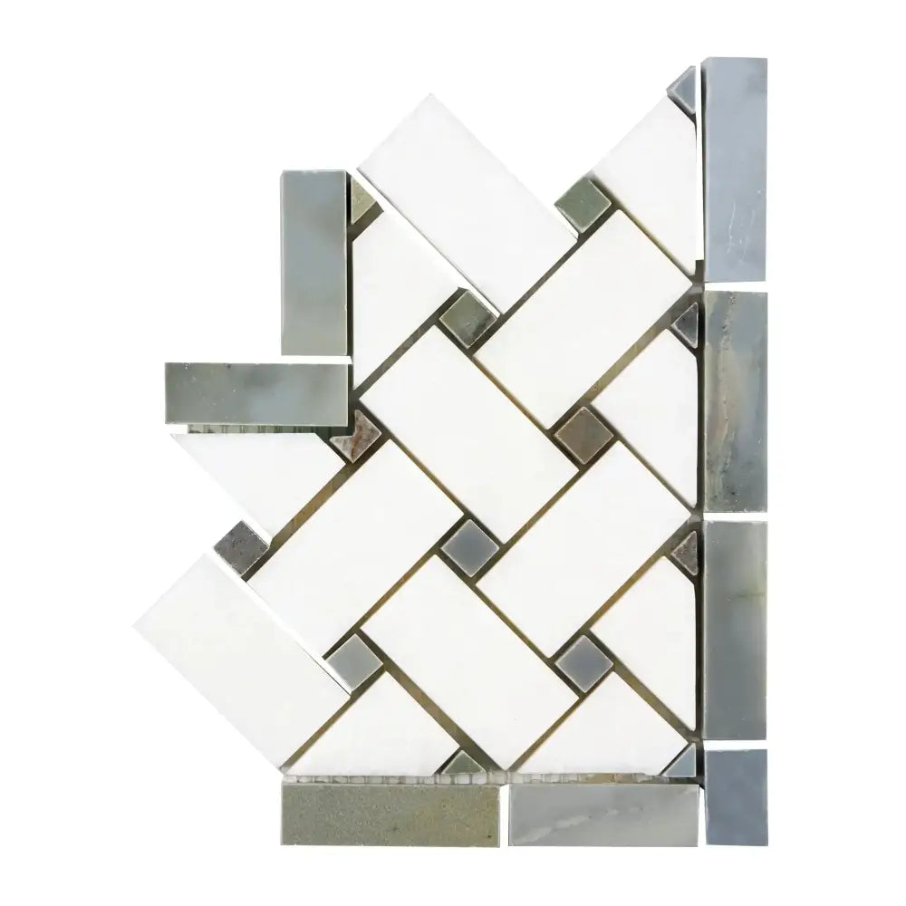 Herringbone pattern tile mosaic from Thassos Supreme Basketweave Border Corner with Blue-Gray marble