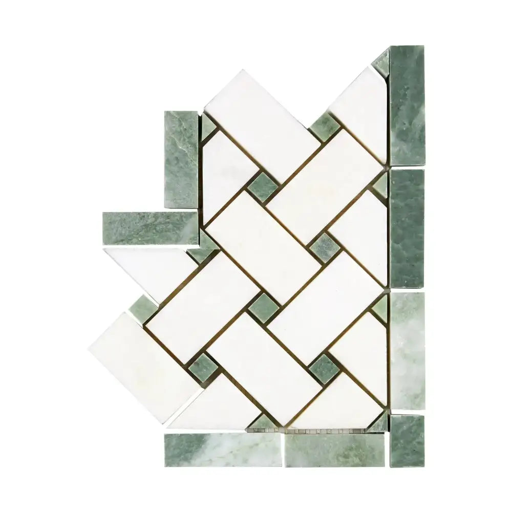 Herringbone tile mosaic from Thassos Supreme Basketweave Border Corner with Ming-Green marble