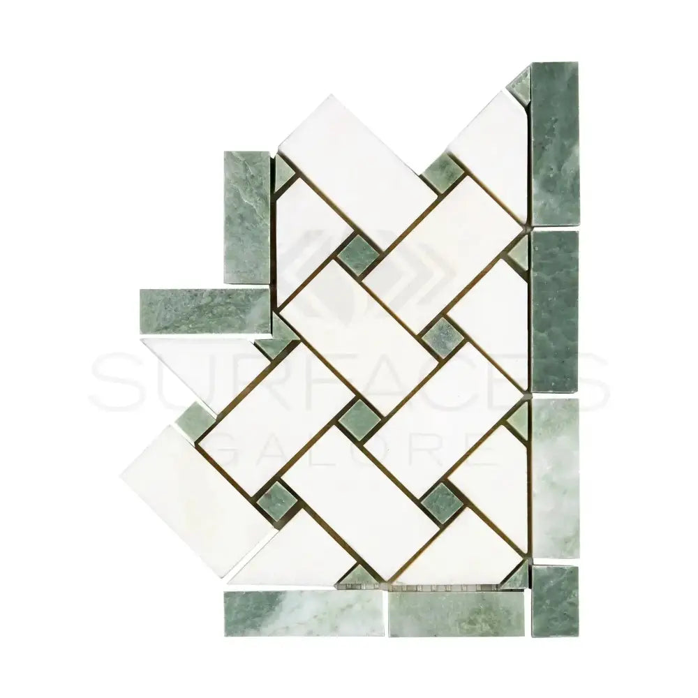 Herringbone mosaic tile corner from Thassos Supreme Basketweave Border with Ming-Green marble