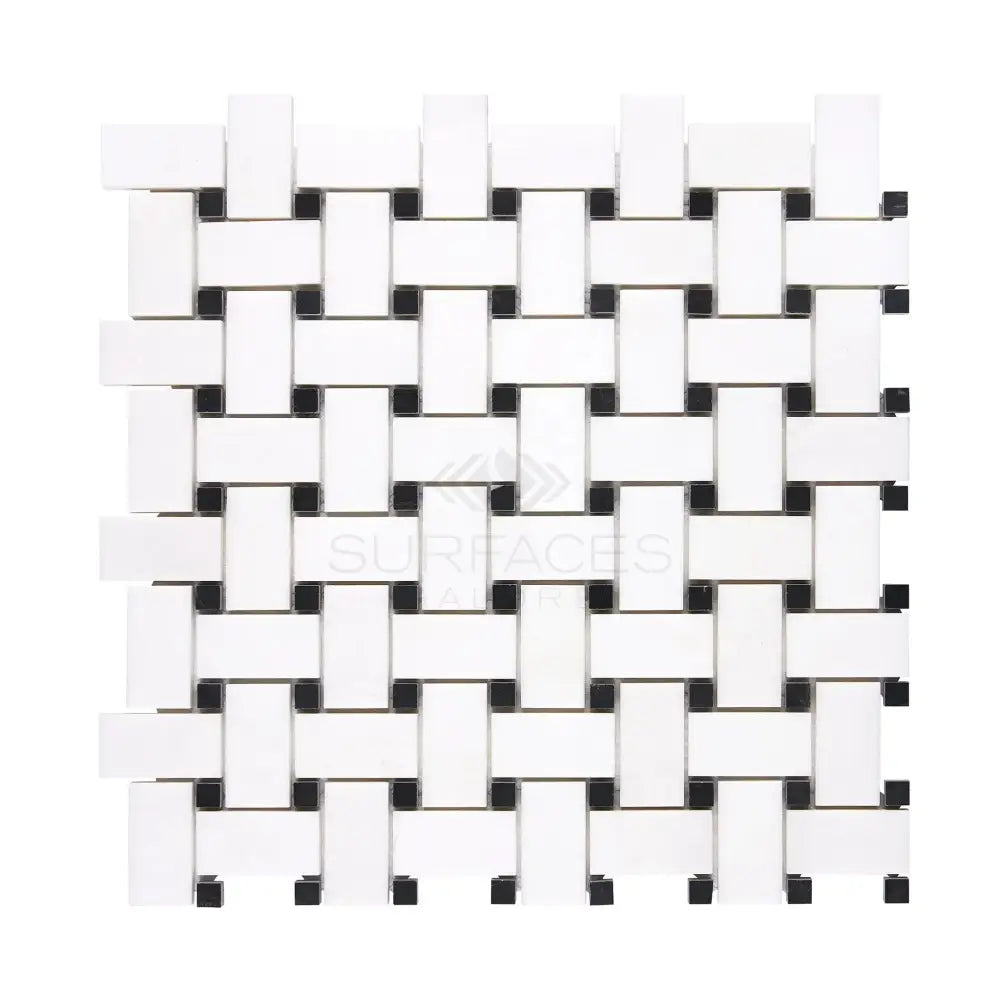 Thassos Supreme Basketweave Mosaic (w/ Black) Mosaic Marble-American Stone