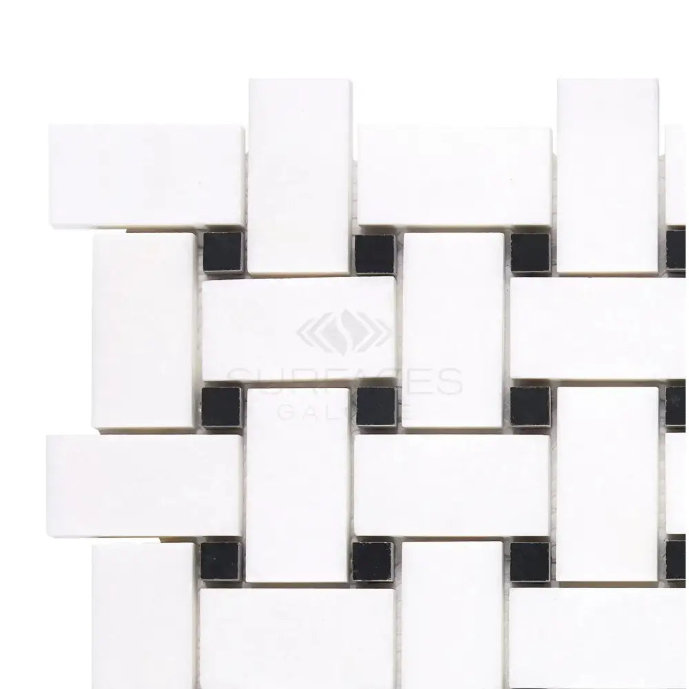 White and black woven tile pattern from Thassos Supreme Basketweave Mosaic with polished finish