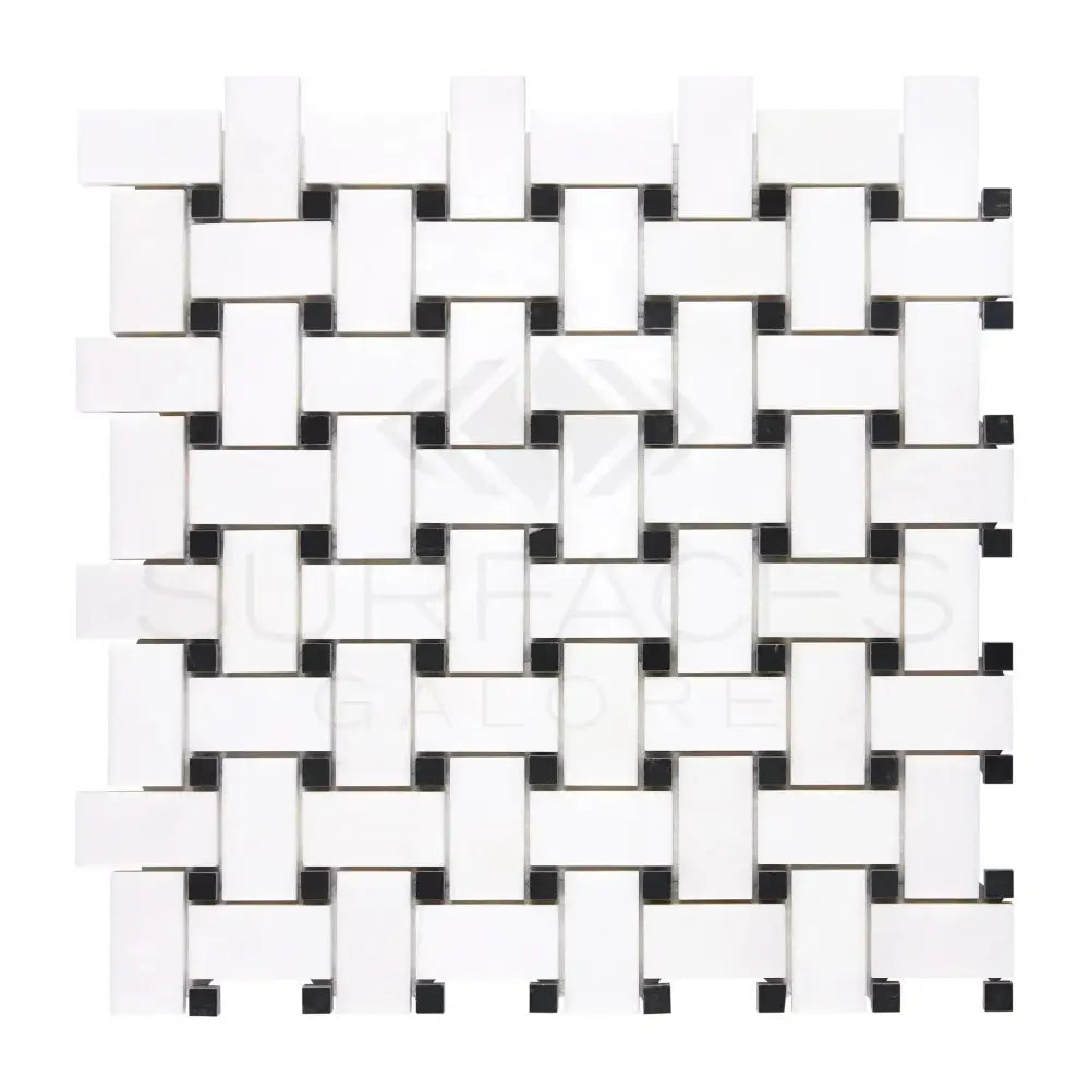 Thassos Supreme Basketweave Mosaic (w/ Black) Mosaic Marble-American Stone