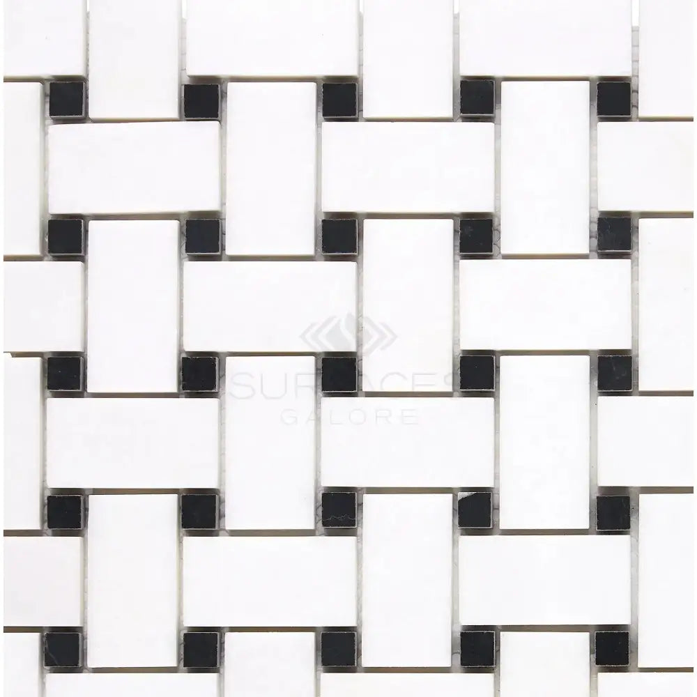 Woven white and black tile pattern from Thassos Supreme Basketweave Mosaic with black accents