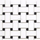 Woven white and black tile pattern from Thassos Supreme Basketweave Mosaic with black accents