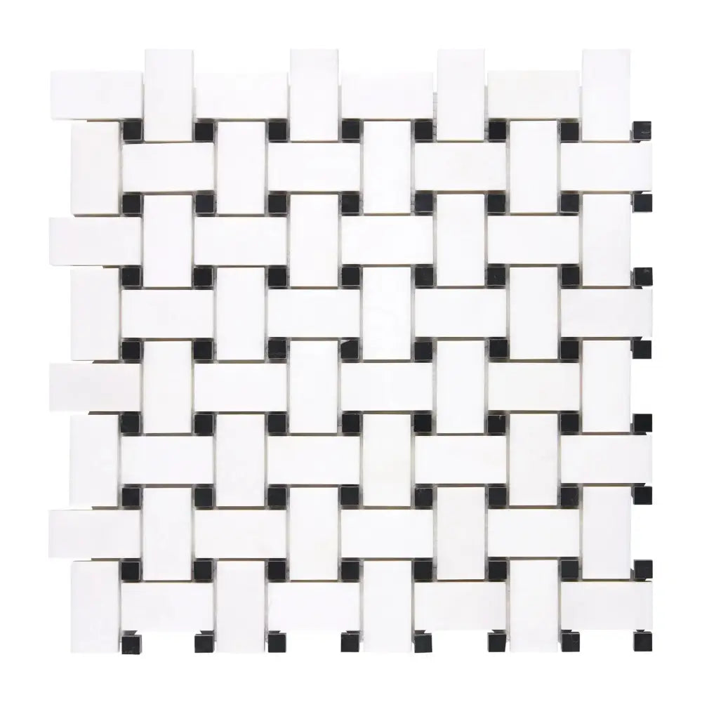 Woven white and black tile mosaic from Thassos Supreme Basketweave Marble Collection