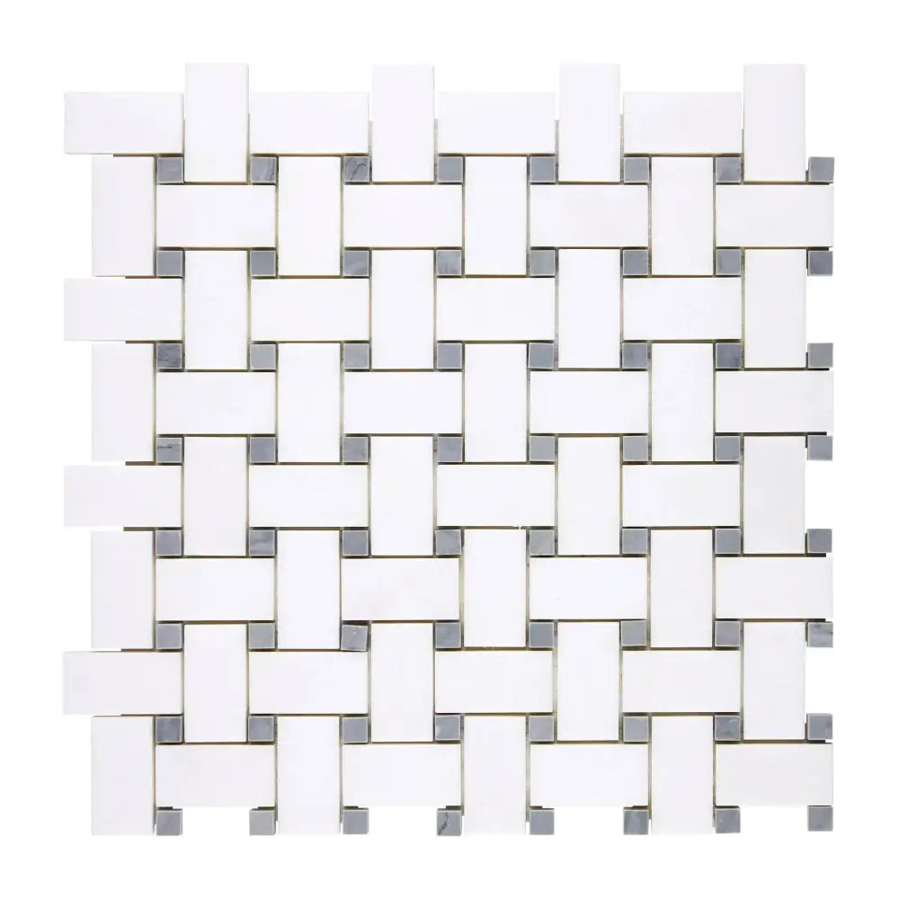 White and gray woven tile pattern in Thassos Supreme Basketweave Mosaic with Blue-Gray marble