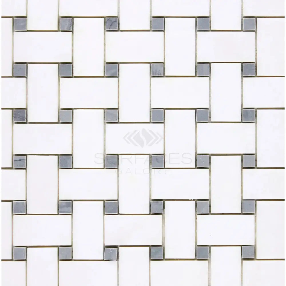 White and gray basketweave marble tile pattern in Thassos Supreme Mosaic with Blue-Gray finish