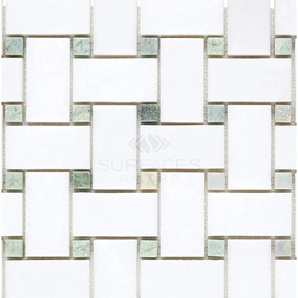White and green mosaic tile pattern from Thassos Supreme Basketweave Mosaic with Ming Green