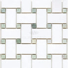 White and green mosaic tile pattern from Thassos Supreme Basketweave Mosaic with Ming Green