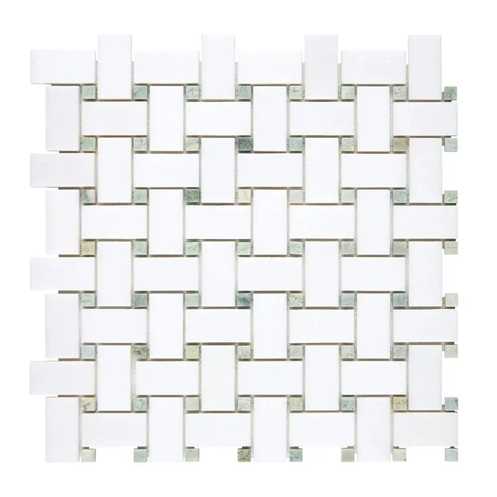 White and gray woven tile pattern from Thassos Supreme Basketweave Mosaic with Ming Green